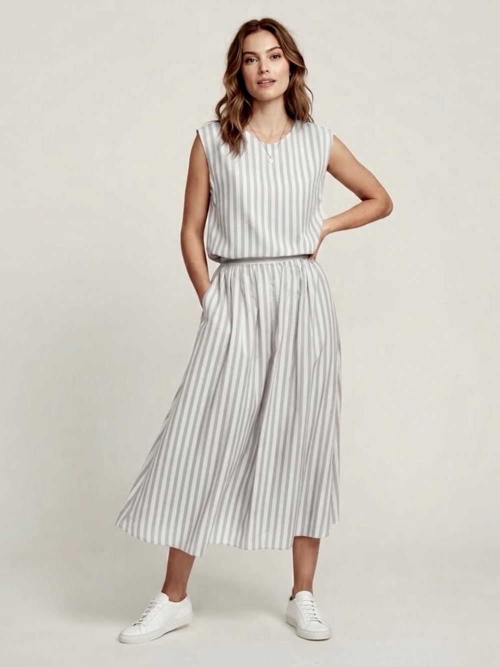 Vintage 80s Intuition Gray Striped Top & Skirt Matching Set ILGWU Made in USA